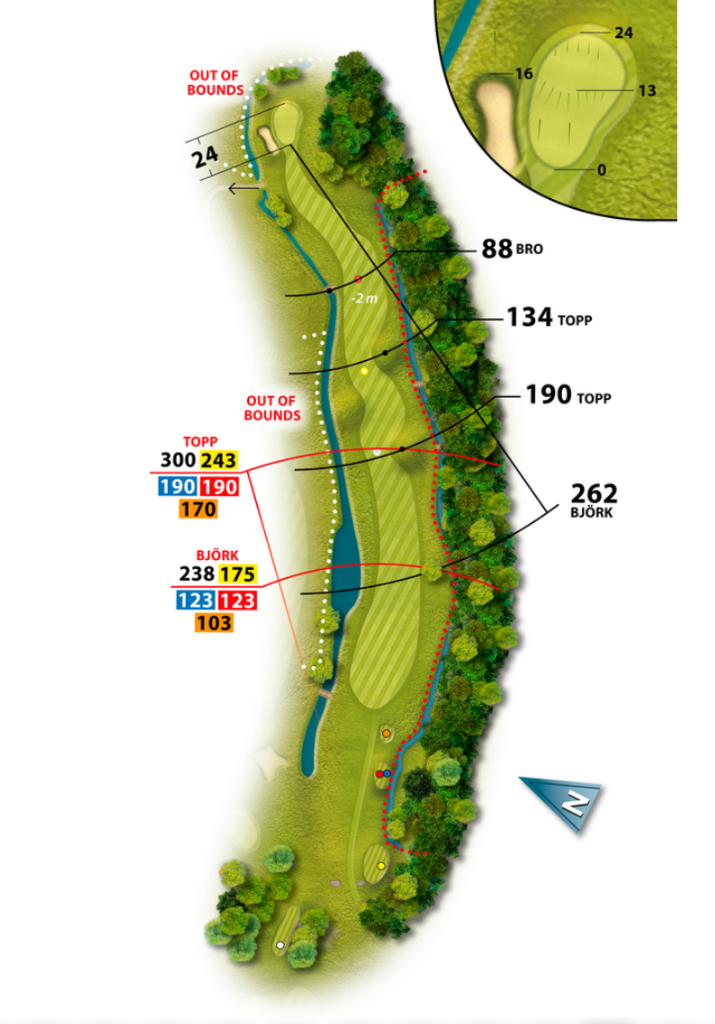 Banguidebild av hål 13 på Vallentuna Golfklubb