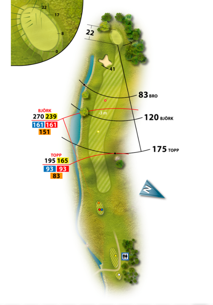 Banguidebild av hål 14 på Vallentuna Golfklubb