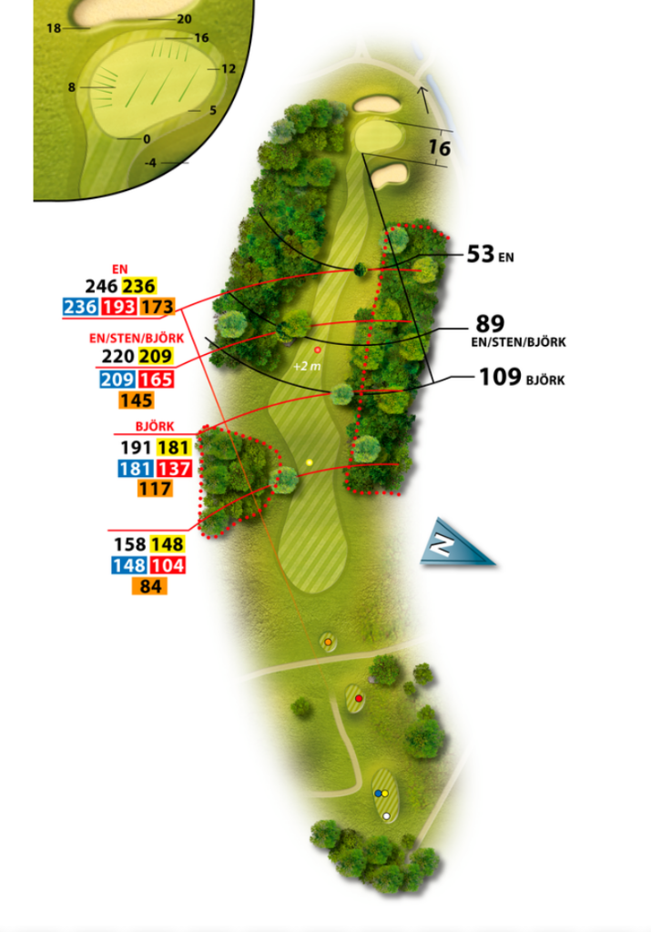 Banguidebild av hål 16 på Vallentuna Golfklubb