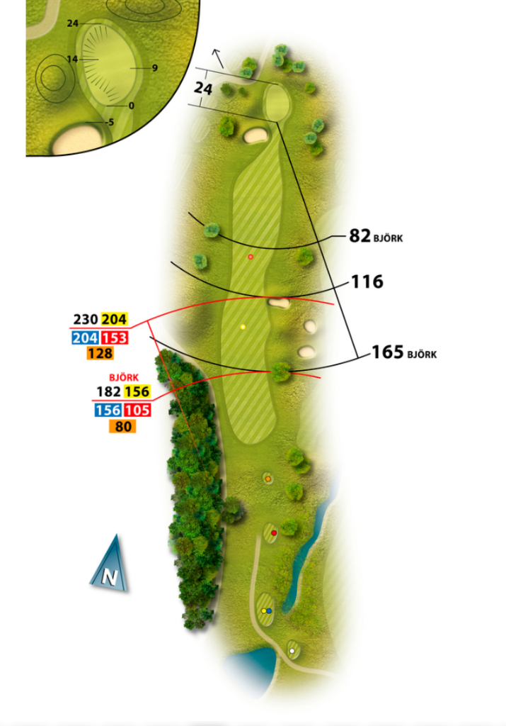 Banguidebild av hål 8 på Vallentuna Golfklubb